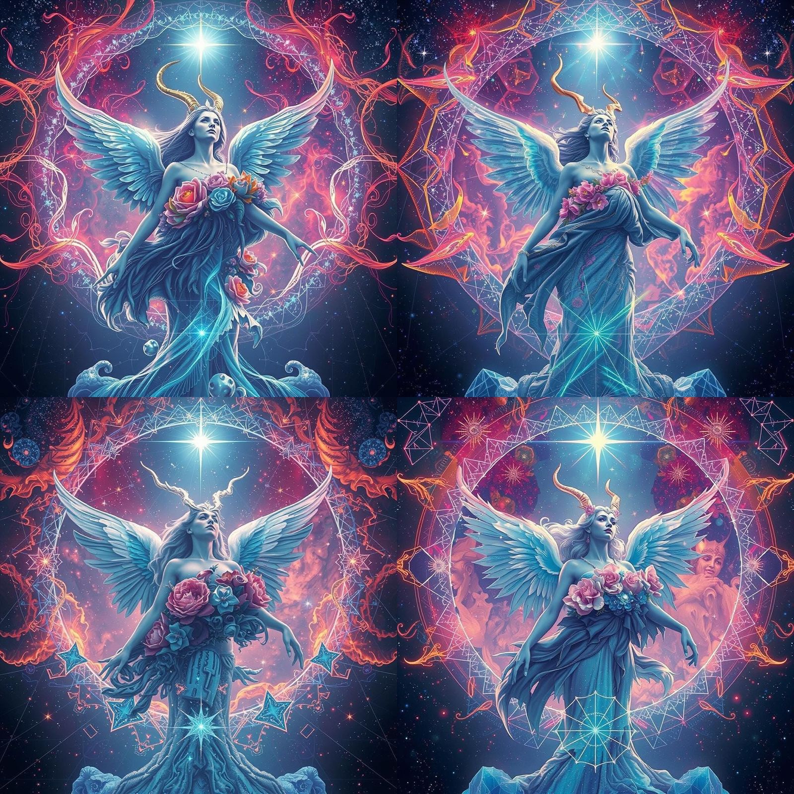 Cosmic Wolves and Starry Angel: Holographic Illustration
