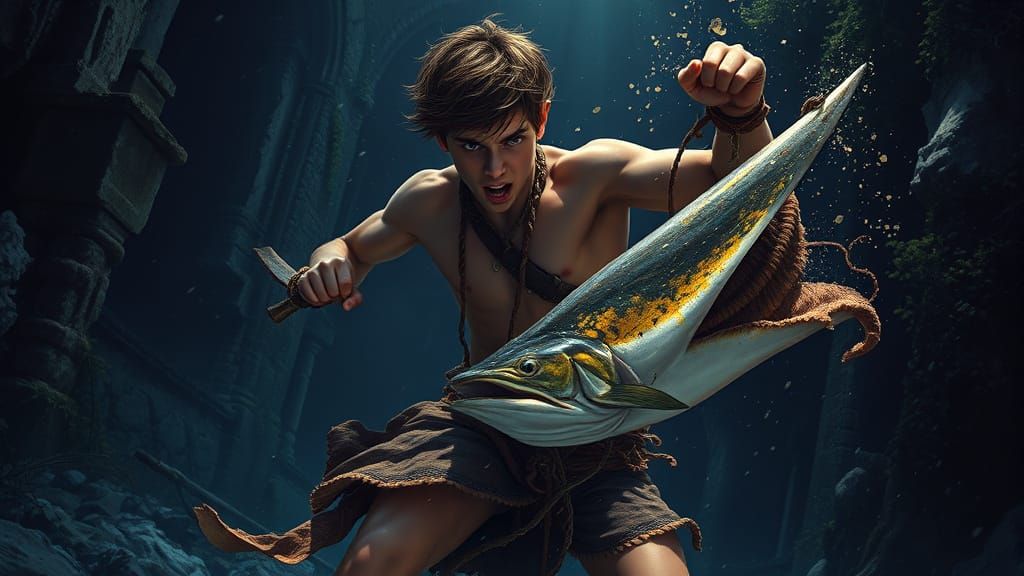 Handsome Young Warrior Battles Fierce Barracuda in Ancient U...