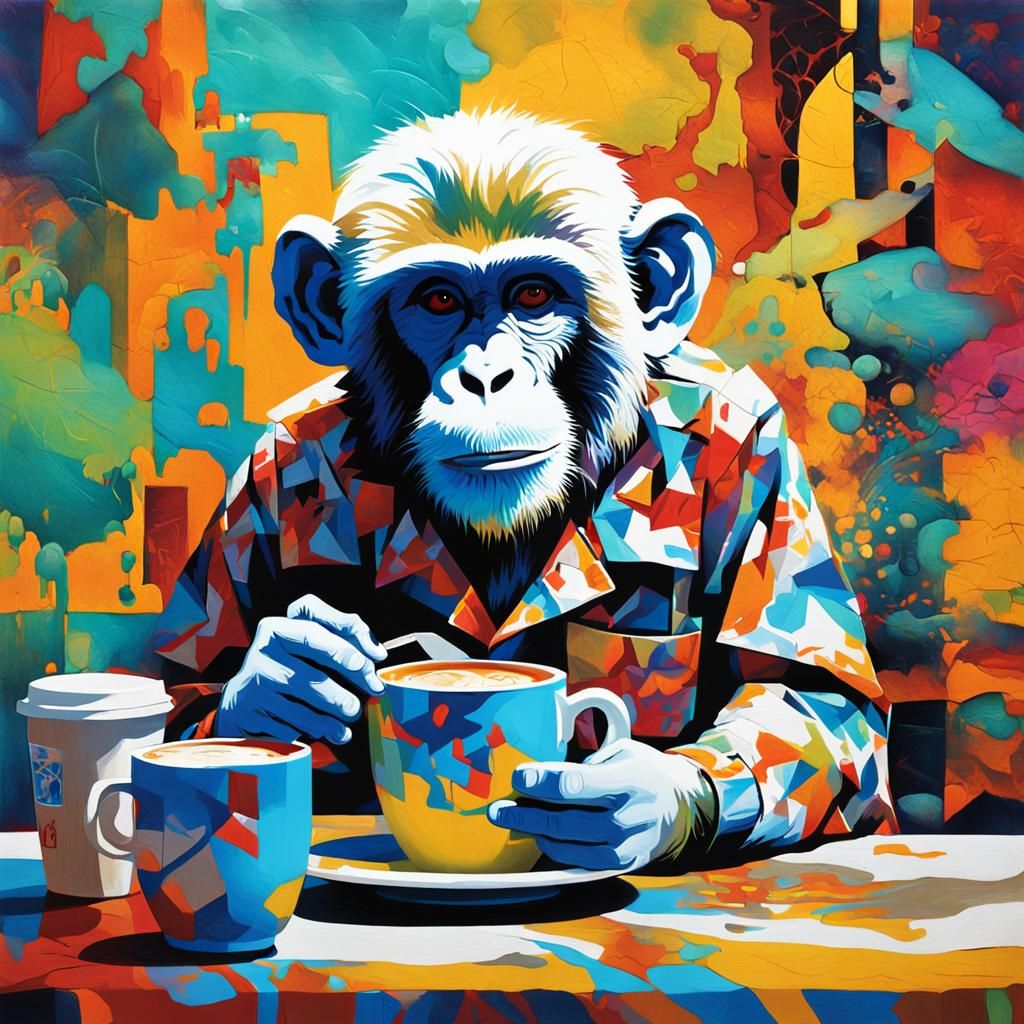 Cubist Monkey Enjoying Coffee in Vivid Colors