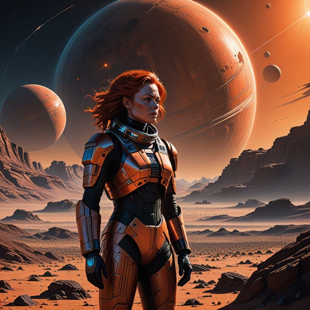 Astronaut on Alien Planet Gazing at Gas Giant