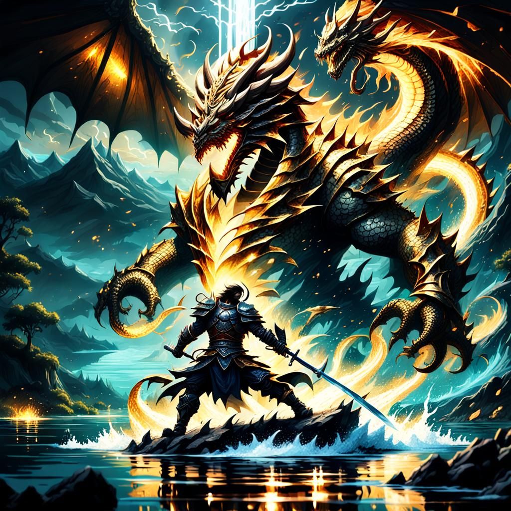 Dark Warrior Battles Divine Dragon in Dark Fantasy