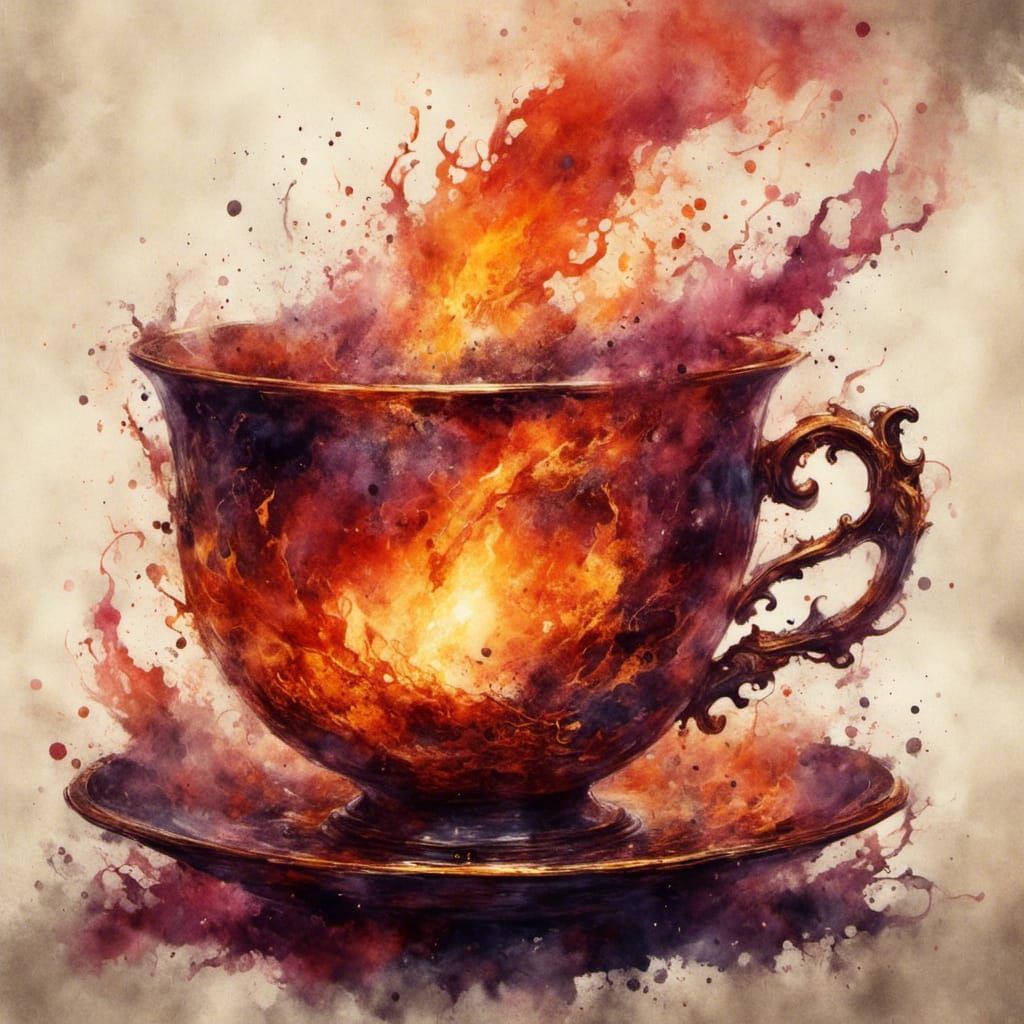 Flaming Teacup with Inky Halo Stains