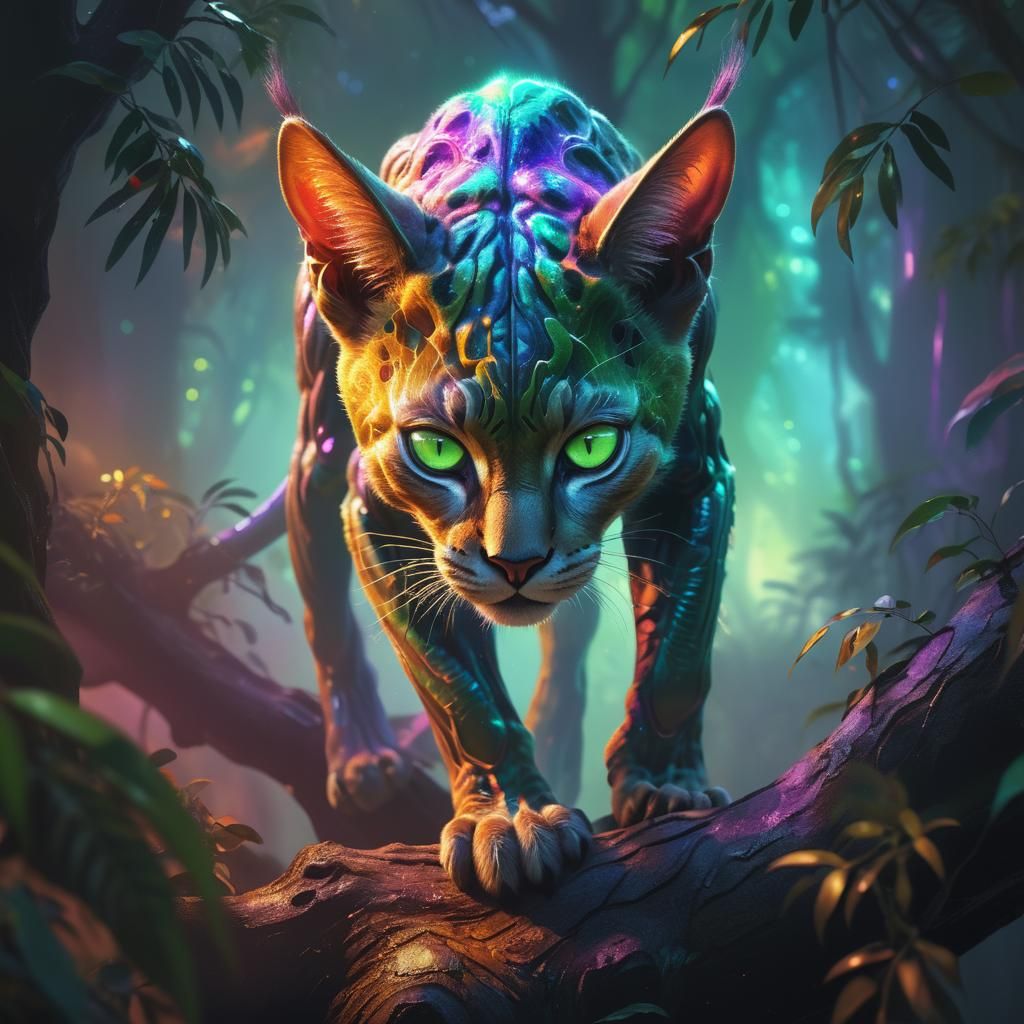 Alien Cat in Jungle, Vibrant Oil Painting