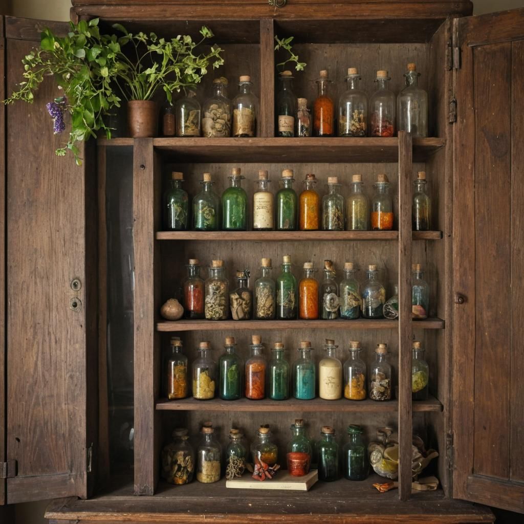 Vintage Cabinet of Curiosities with Botanicals