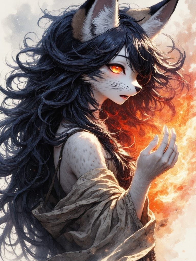 Anthropomorphic Lynx Conjuring Flames: Expressionist Waterco...