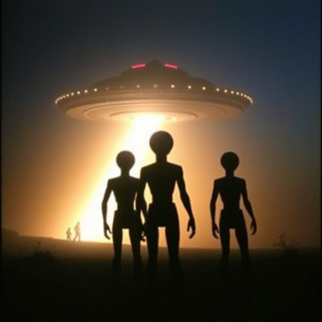 Alien Silhouettes Emerge from UFO with Radiant Glow