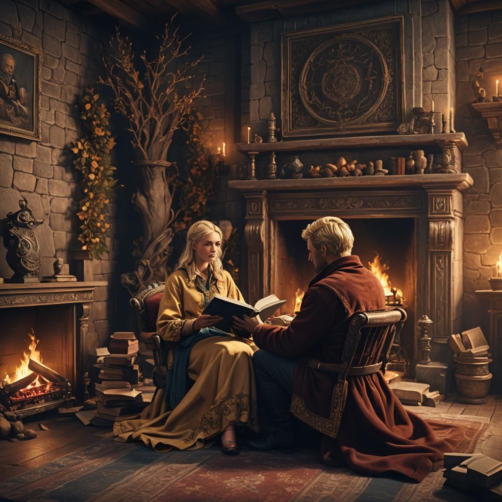 Couple Reading by Fireplace in Detailed Matte Painting