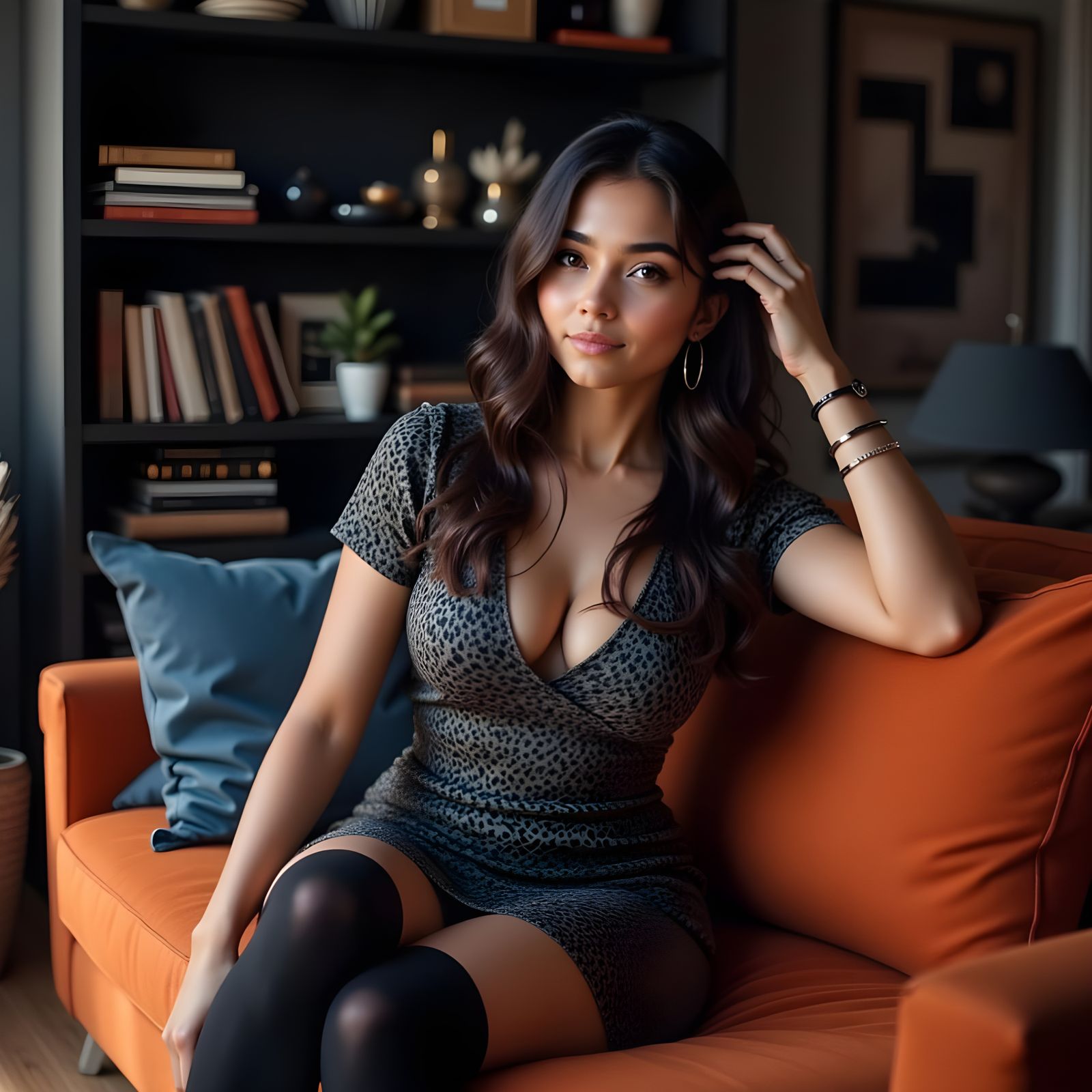 Woman in Earthy Tones, Smiling on a Deep Orange Couch