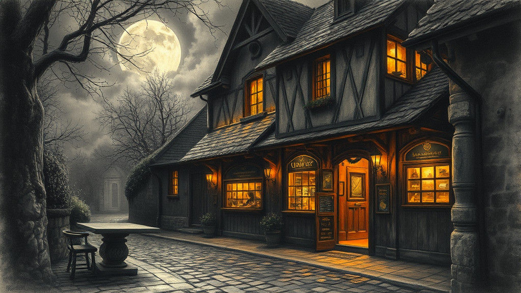 Mystical Moonlit Tavern in Charcoal Drawing Style