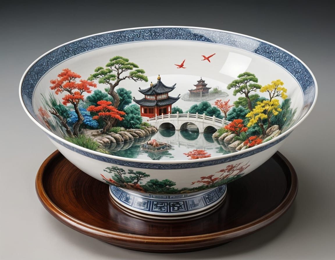 Elegant Chinese Garden Scene Ceramic Bowl Masterpiece