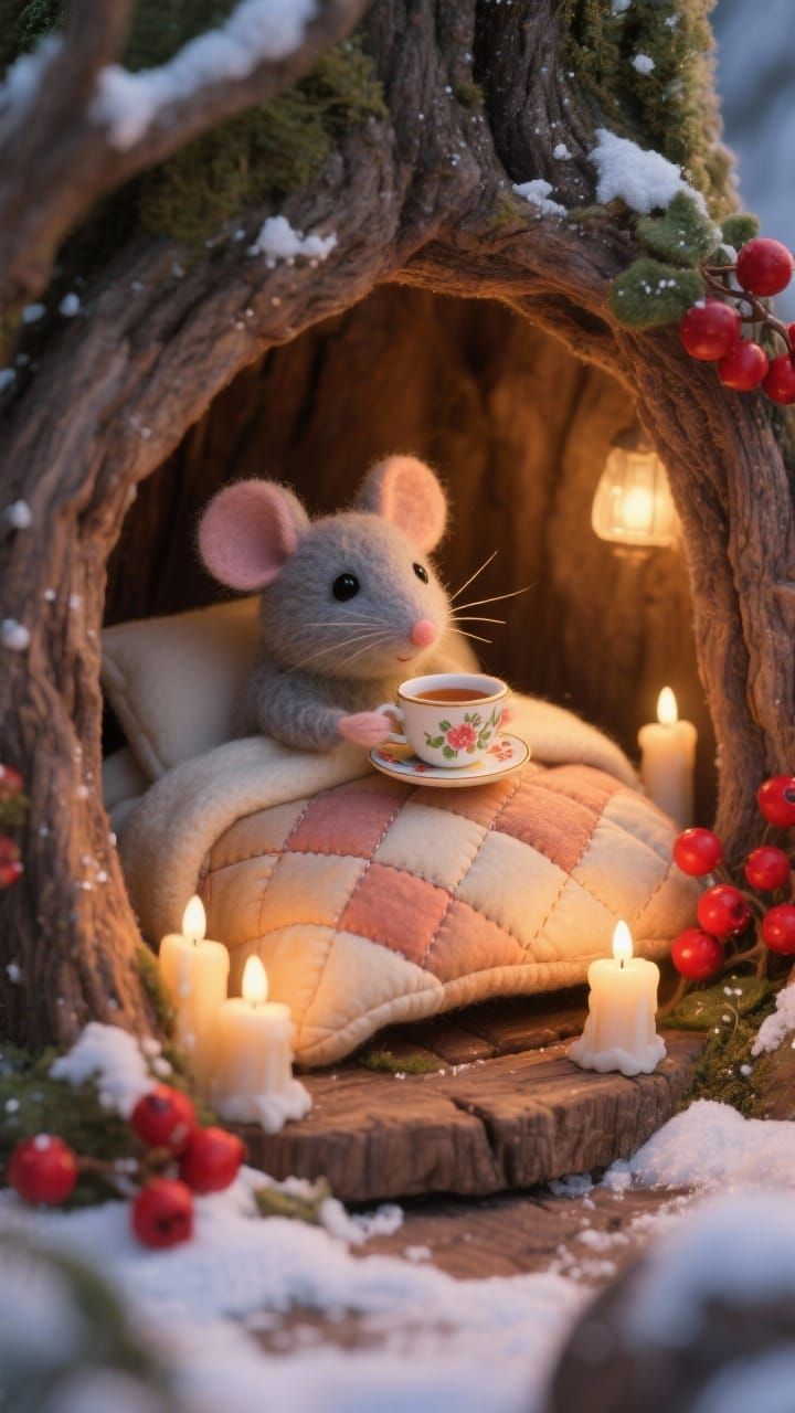 Adorable Felt Mouse Cozy in Tree Hollow