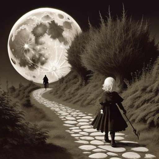 Dark Fantasy Creature Walks to the Moon