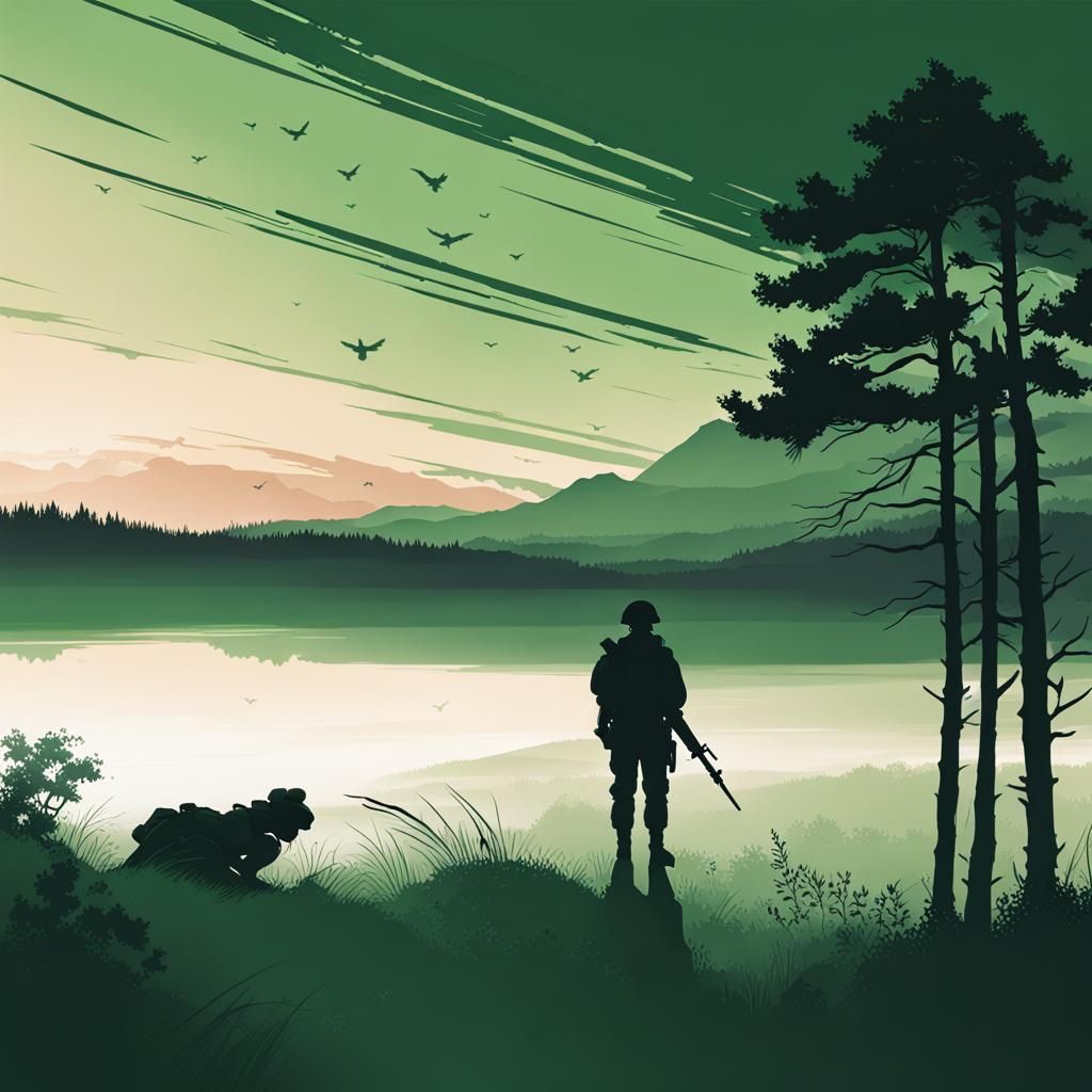 Resilient Soldier in Dark Green Landscape Art