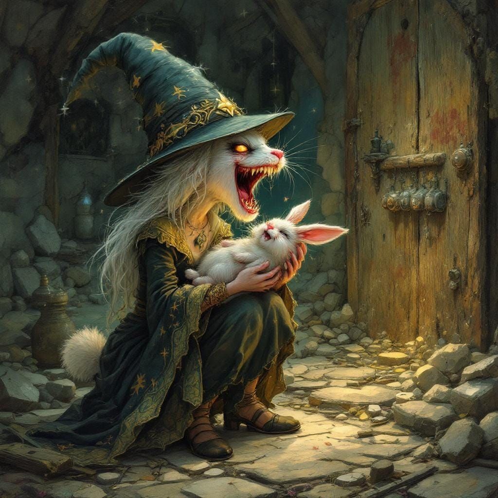Whimsical Witch and Laughing Bunny Fantasy Art