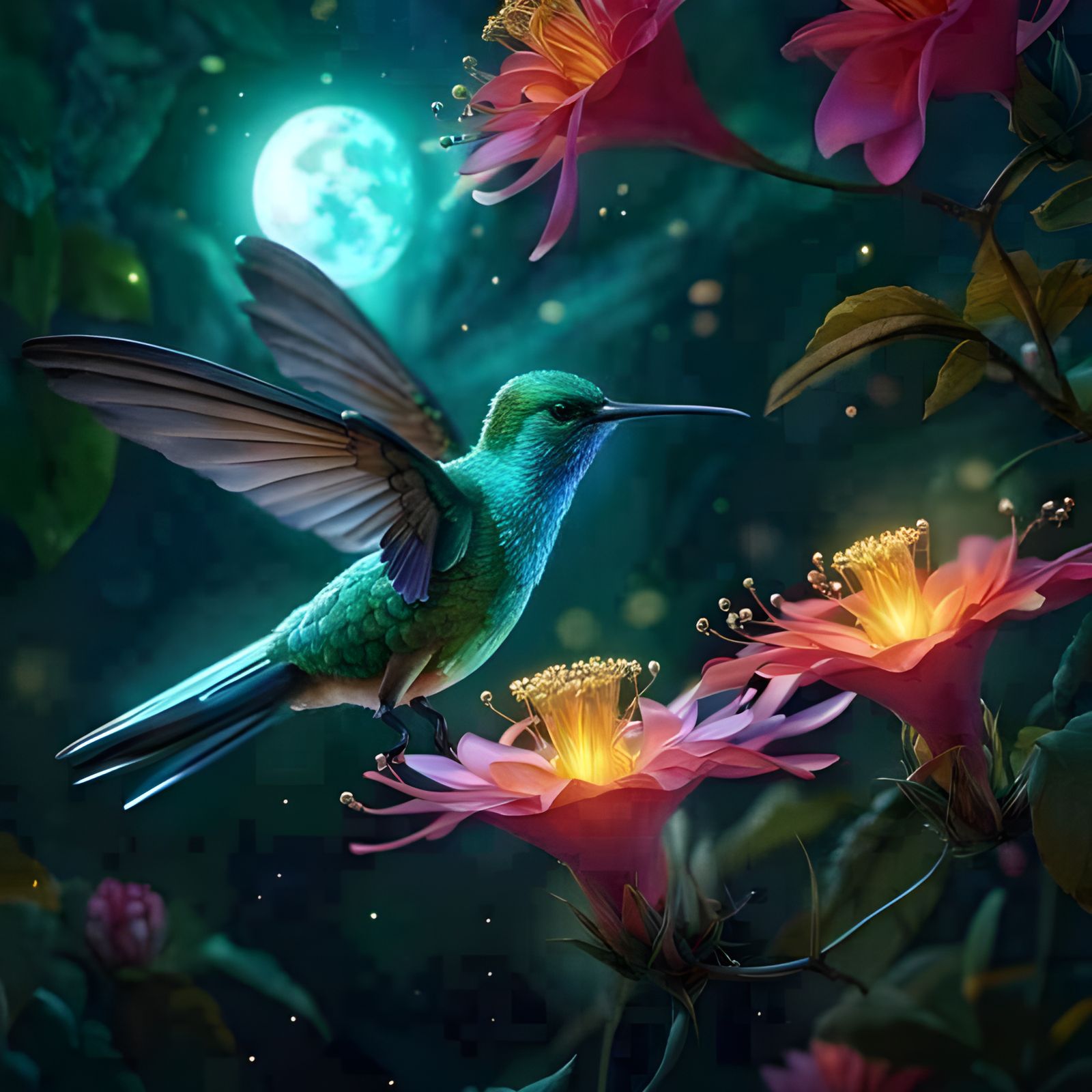 Bioluminescent Hummingbird in Iridescent Amazonian Jungle