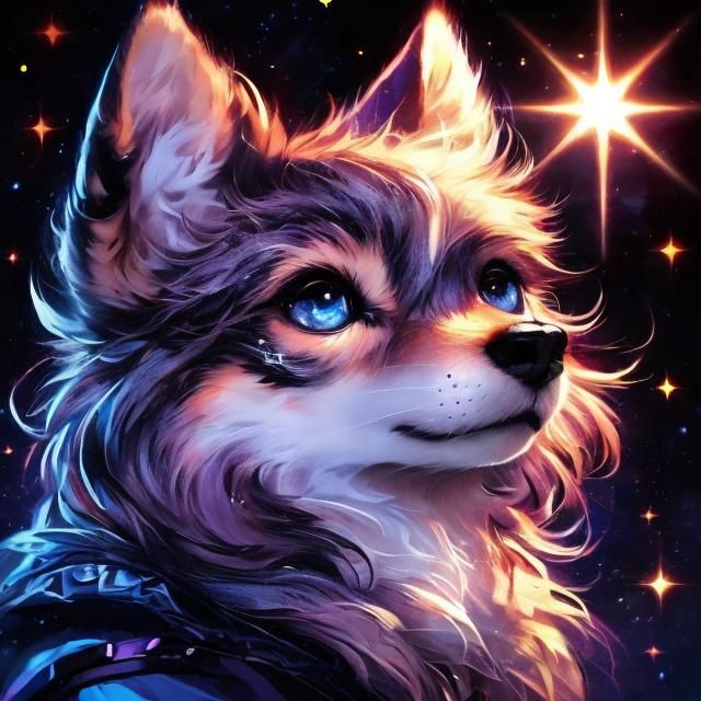 Mythical Wolf Gazing at Luminescent Star
