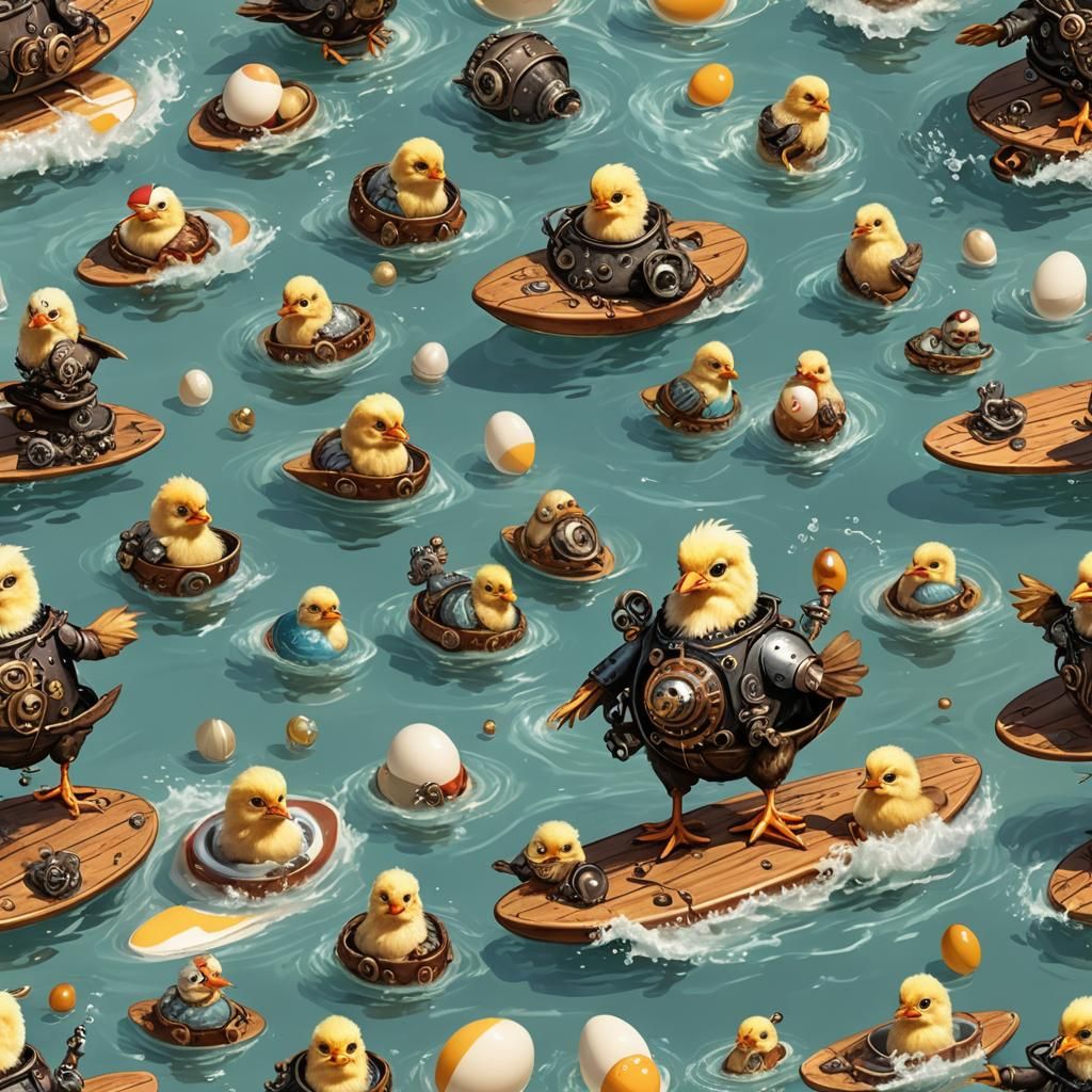 Steampunk Chicken Family Enjoying Beach Vacation