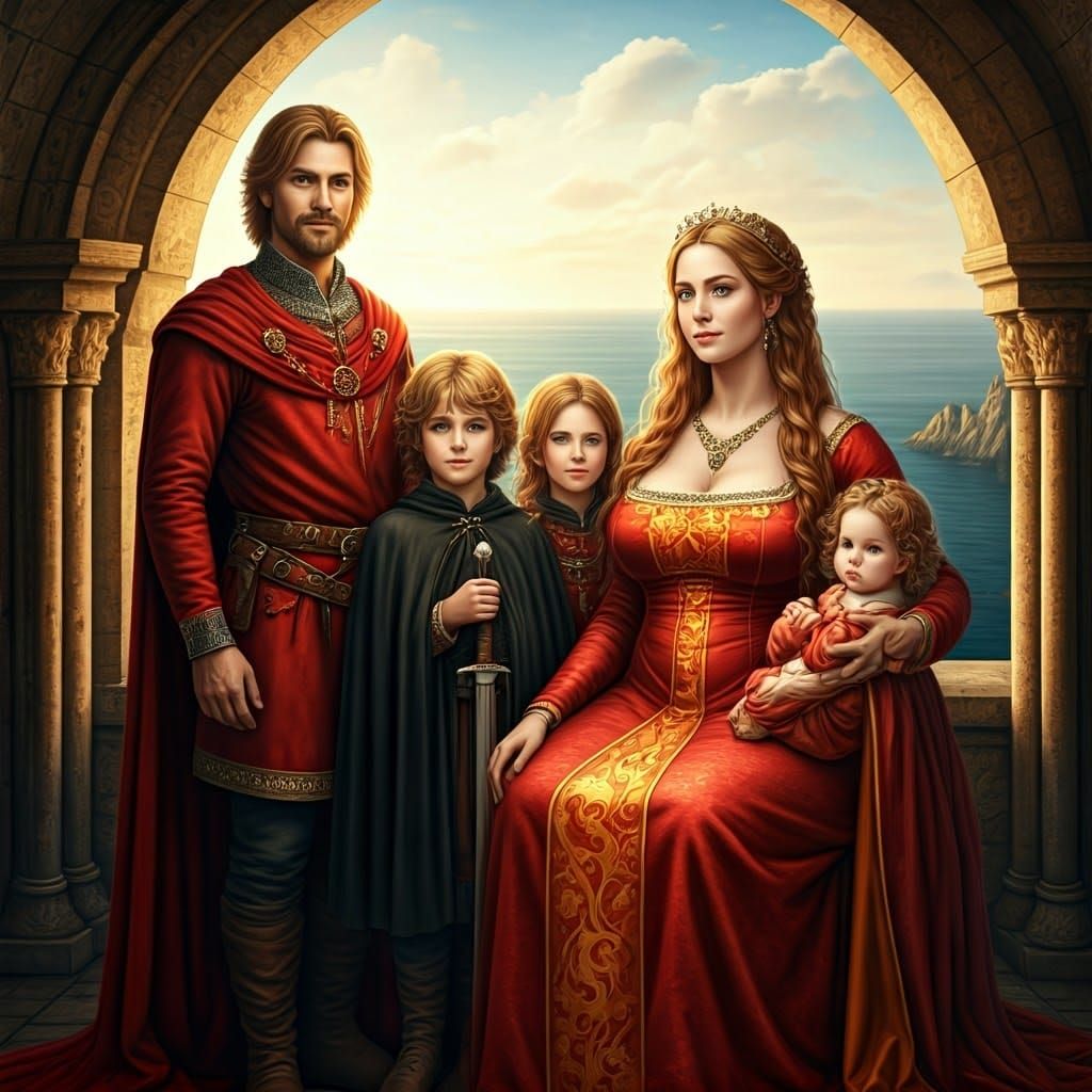 Medieval Noble Family Portrait in Sunlit Landscape