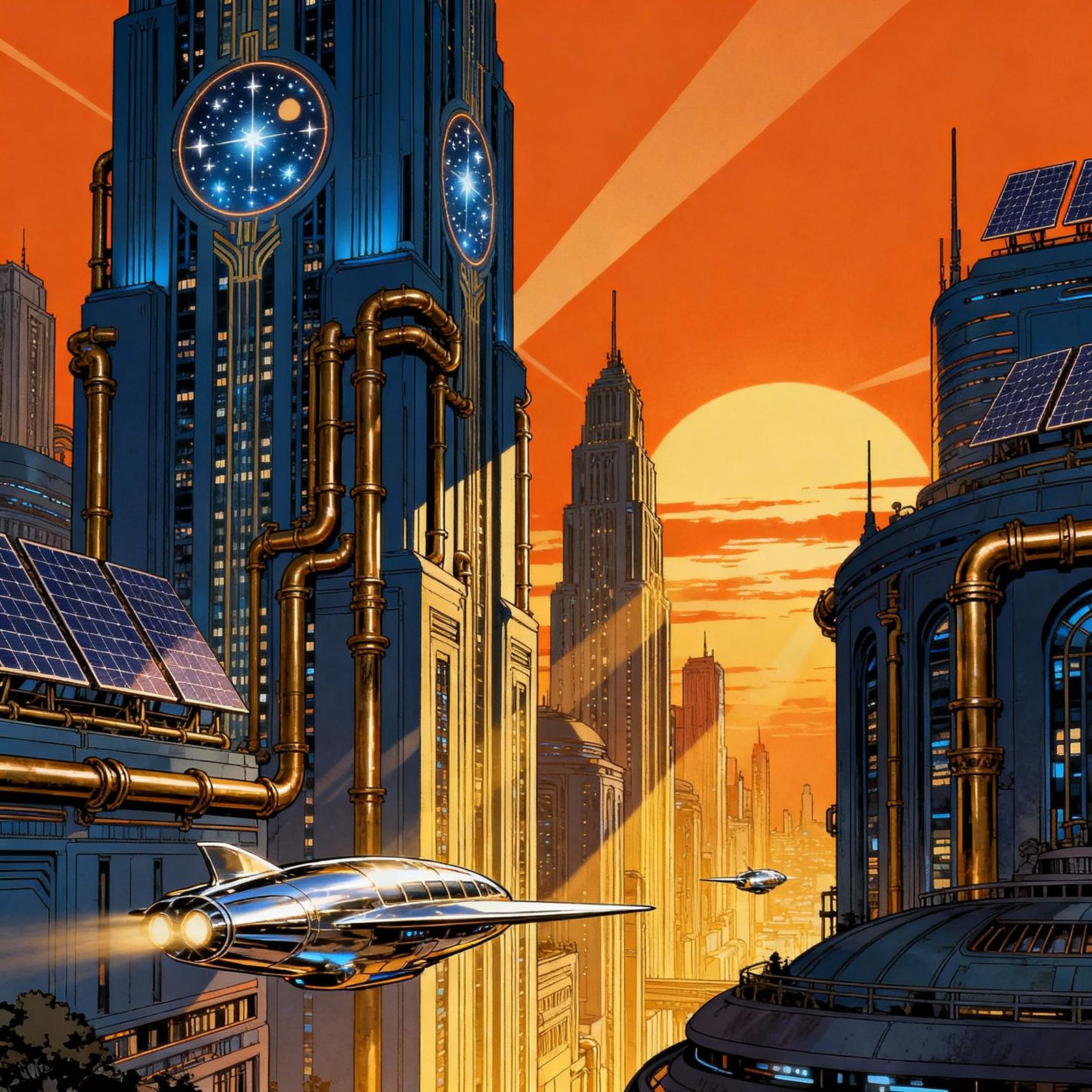 Retro-Futuristic City Skyline at Sunset