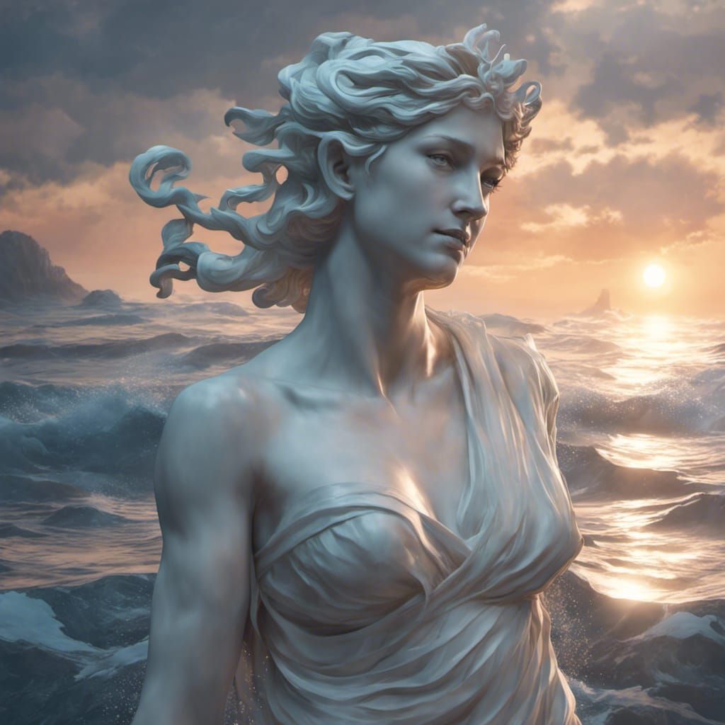 Greek Goddess Marble Statue in Ocean at Night