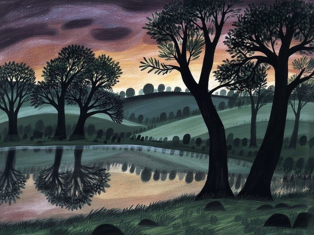 Dusk Landscape with Majestic Oak Trees