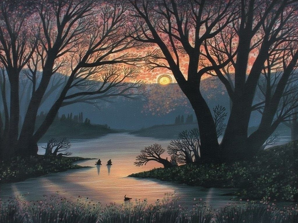 Serene Lake at Dusk with Ancient Oaks in Monotype Style