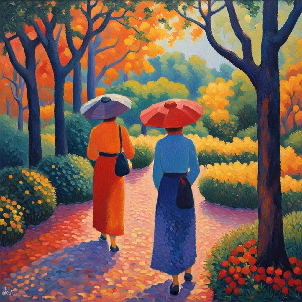 Women in Garden: Neo-Impressionist Oil Painting