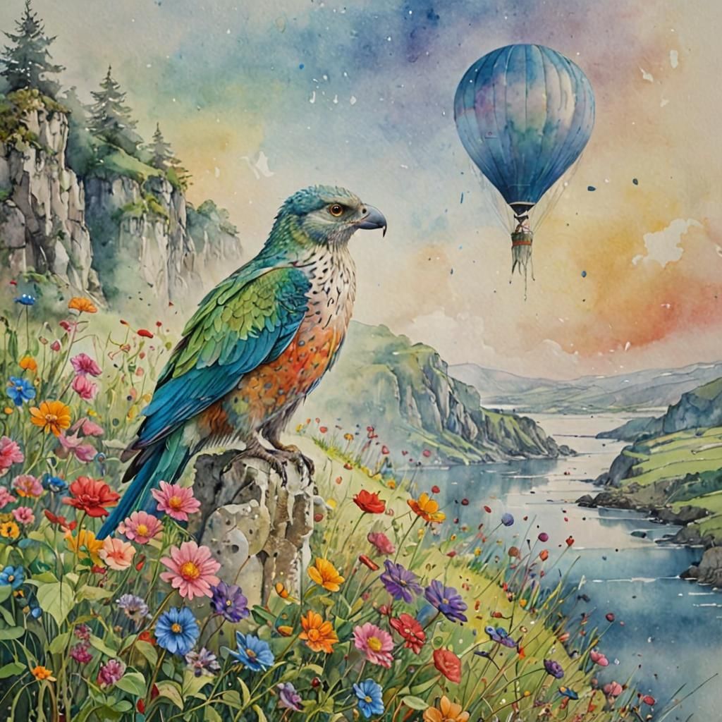 Expansive Eyrie in Wet Wash Watercolour Style