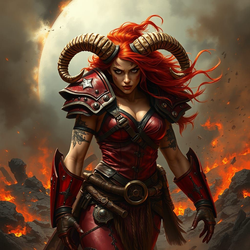 Crimson Armored Warrior Amid Scorched Battlefield