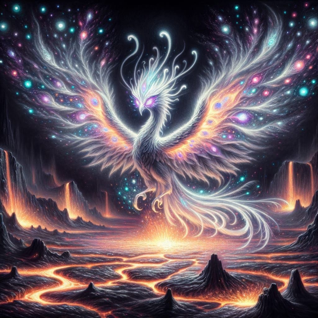 Radiant Phoenix Rises from Volcanic Crater in Whimsical Fant...