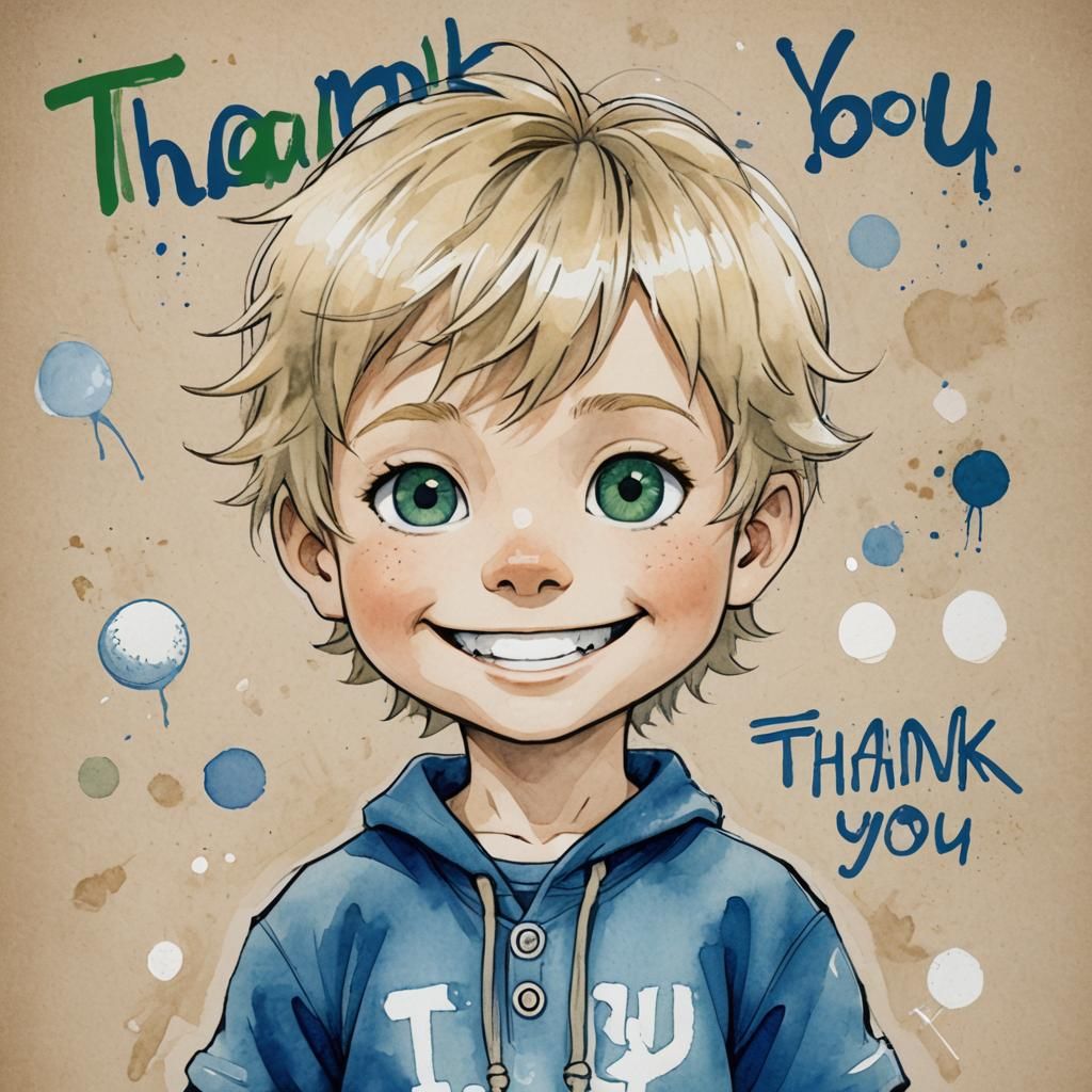 Chibi Boy Painting 'Thank You' in Watercolor