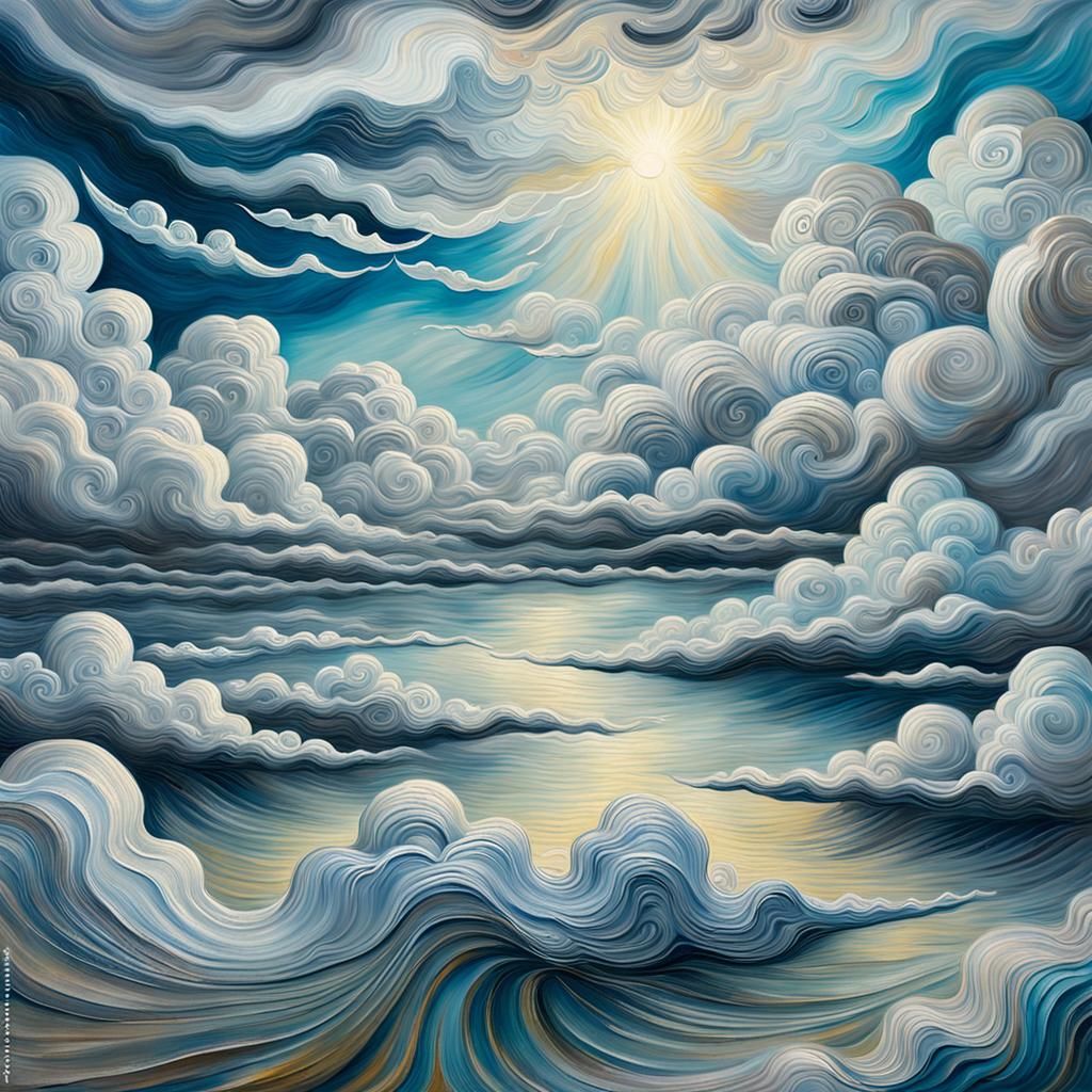 Silver Metallic Clouds in Dreamy Cloudscape Painting