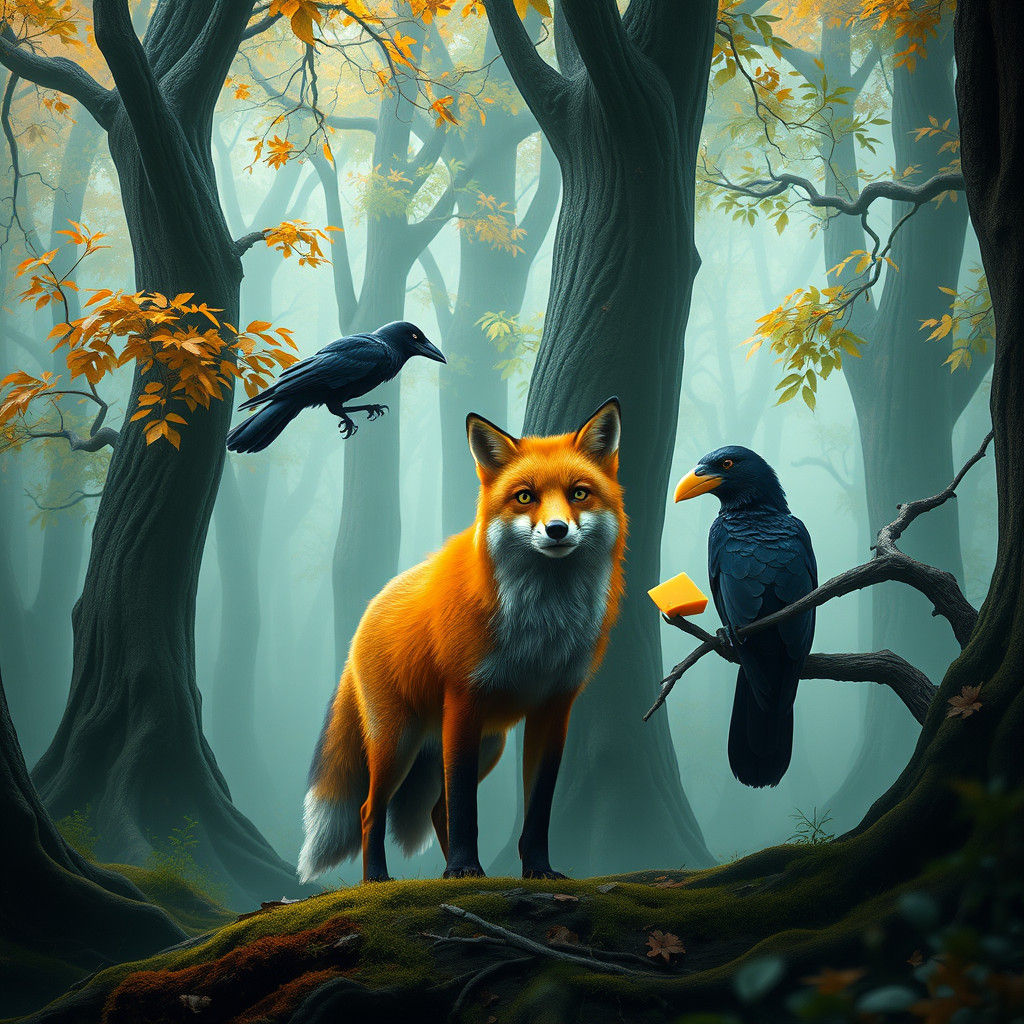 Fox and Crow in Enchanted Forest Concept Art