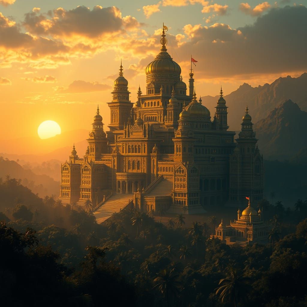 Golden Moghul City Rises from Jungle Sunset