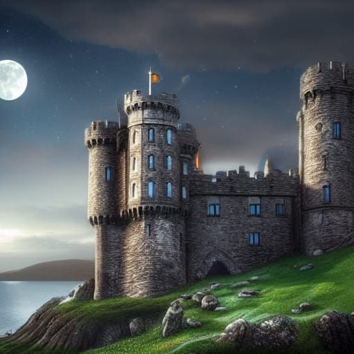 Epic Moonlit Castle in Scotland Digital Painting