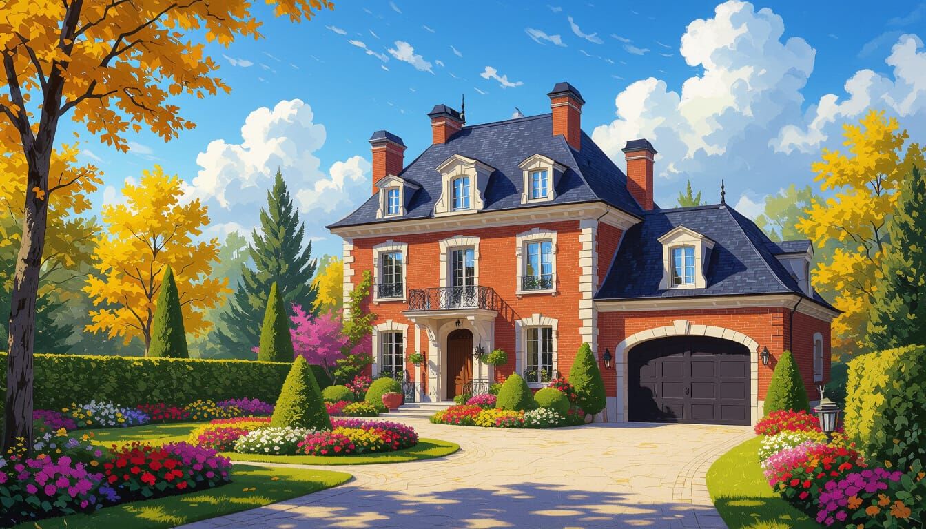 Grand Brick Chateau with Vibrant Gardens Under Blue Sky
