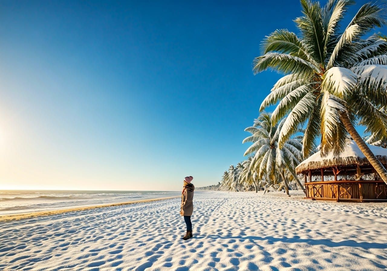Tropical Beach Snowscape with Woman in Winter Coat