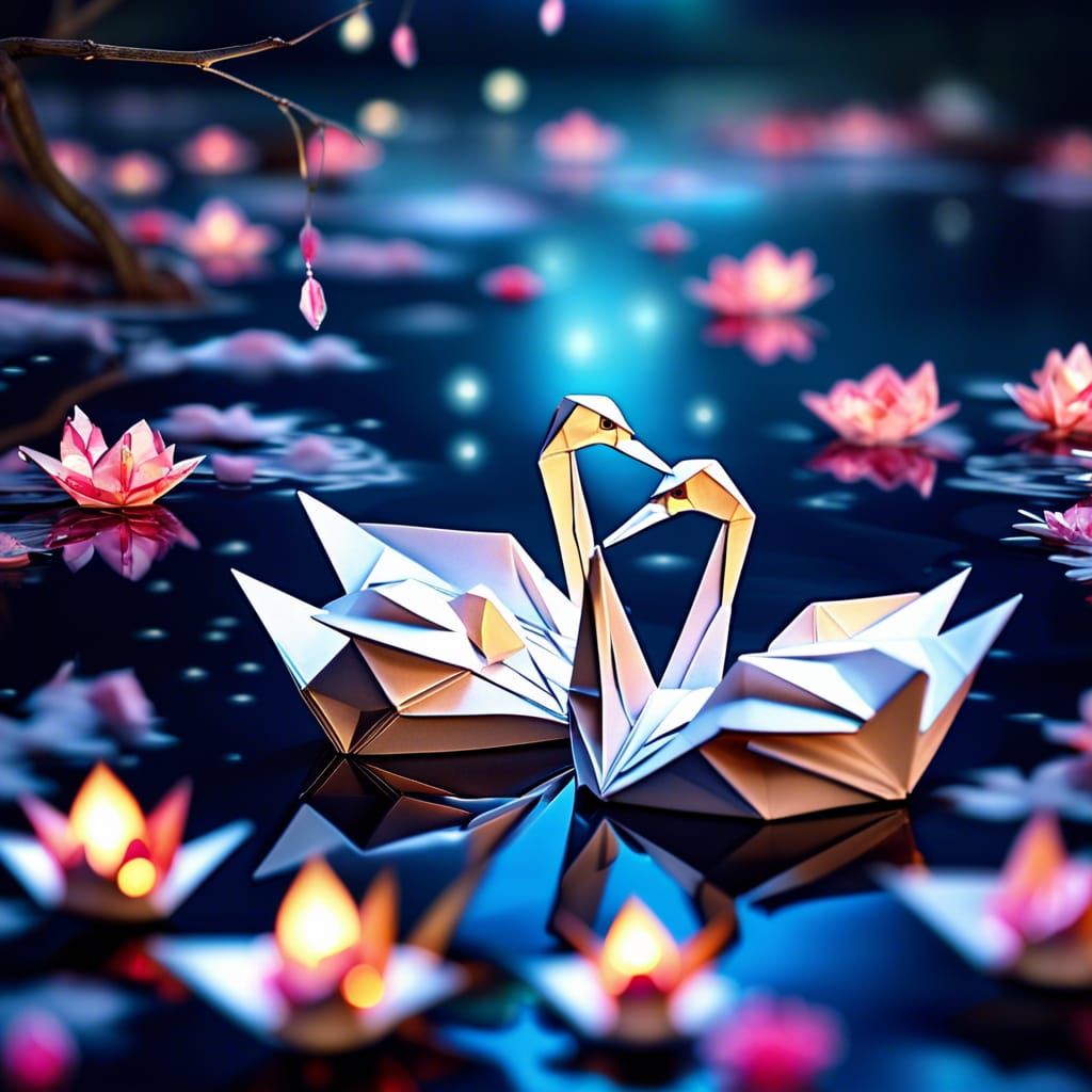 Origami Swans in Lake with Fireflies as Watercolor
