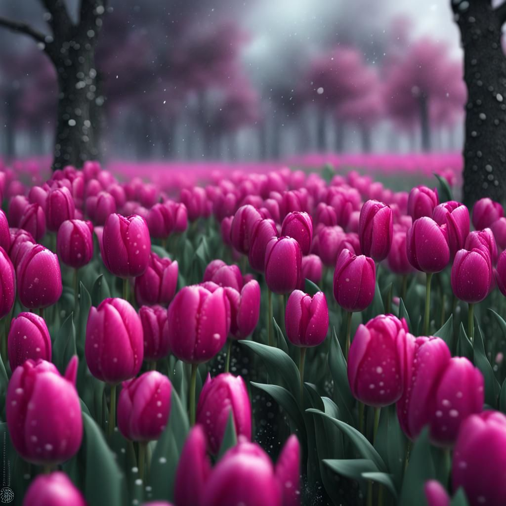 Magenta Tulips in Heavy Snowfall: Photorealistic Close-Up