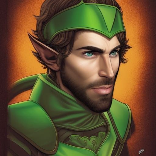 Handsome Green-Eyed Elf Knight in Comic Book Style