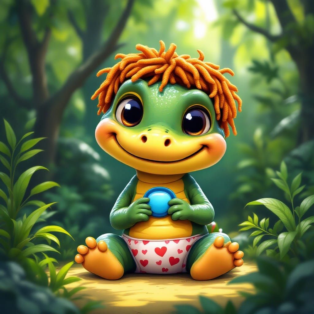 Cute Cartoon Gator in Lush Jungle Setting, Airbrushed Digita...