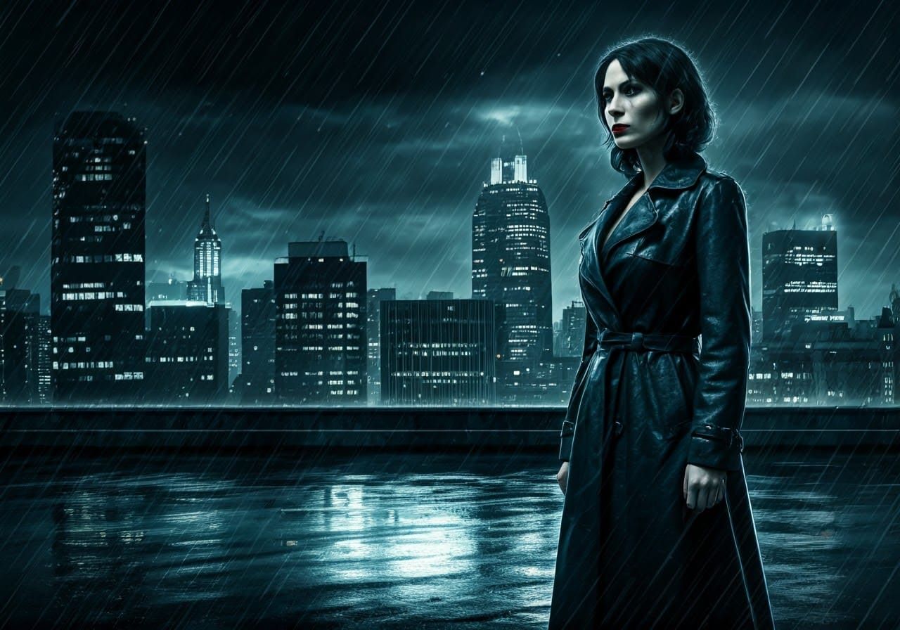 Mysterious Femme Fatale on a Rain-Soaked Rooftop