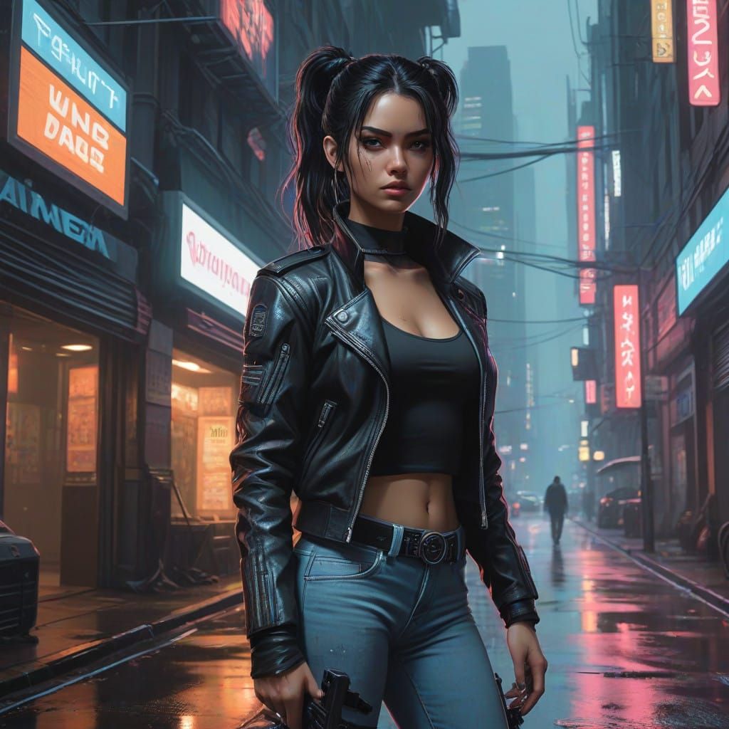 Cyberpunk Rebel Girl in Shadowy Metropolis