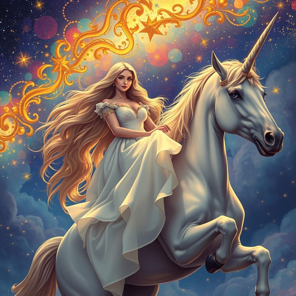 photorealistic sweet beautiful whimsical fauvist-style of a whimsical a young woman with long, flowing golden hair and b...