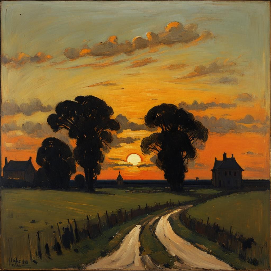 Expressionist Sunset Landscape in Flemish Art Style