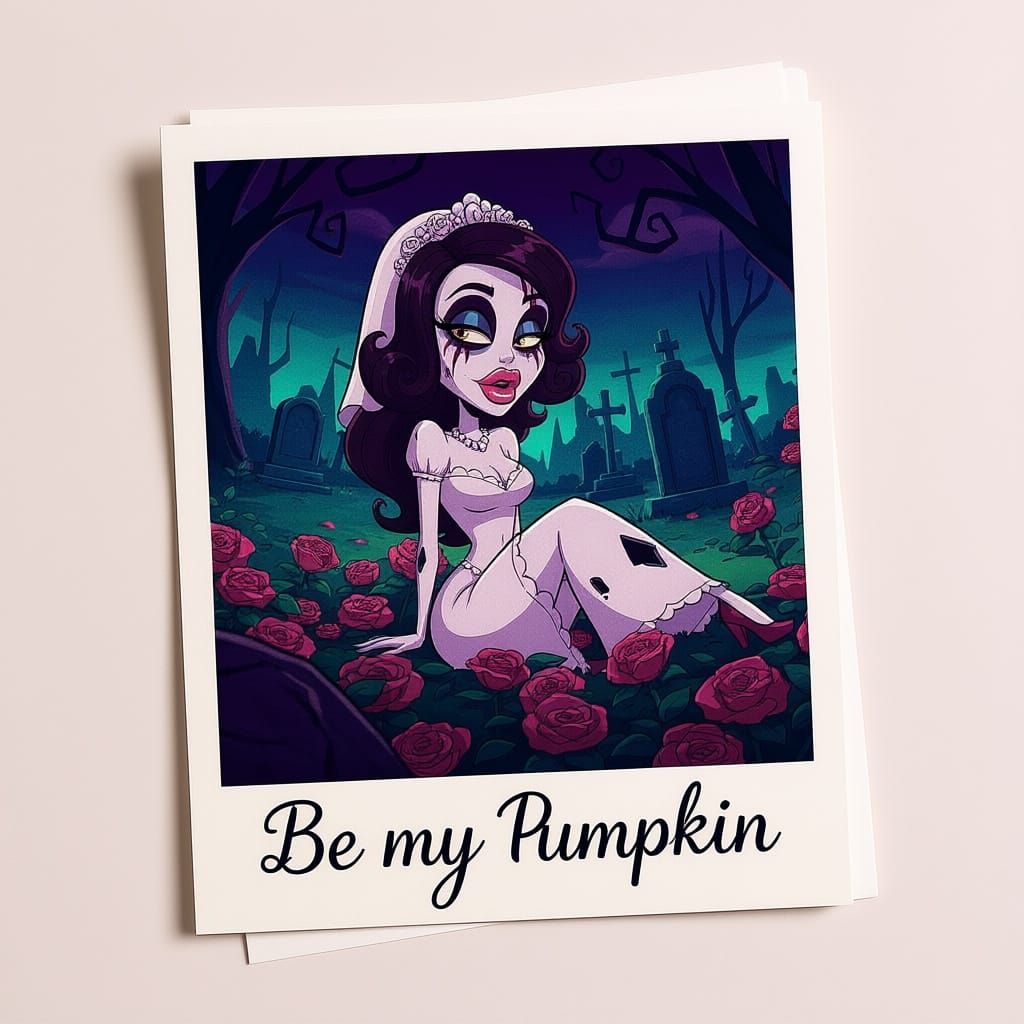 Cartoon Zombie Bride in Cemetery Rose Bush