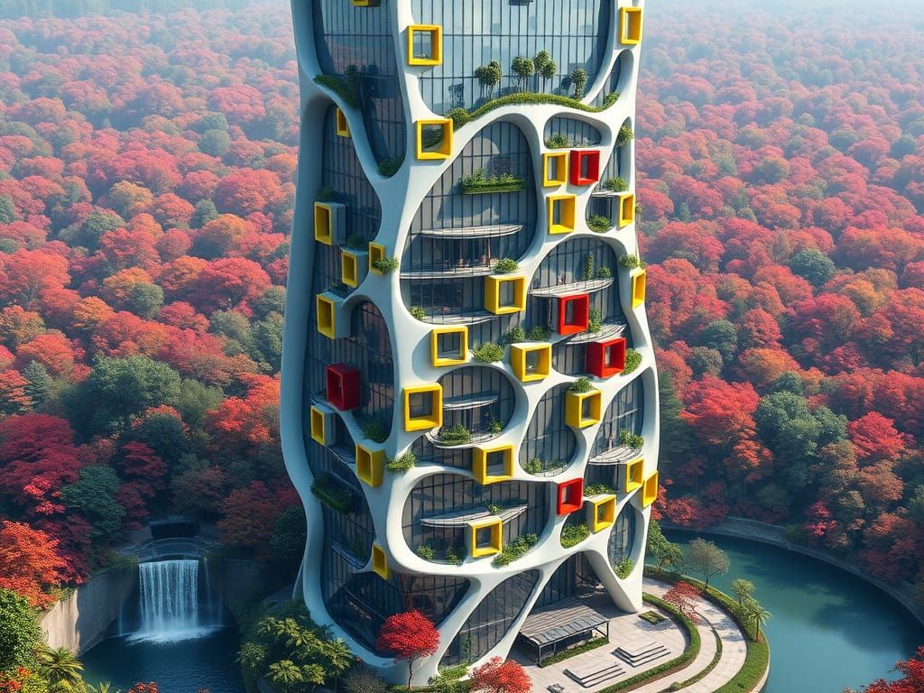 Fractal-Shaped Futuristic Building with Lush Greenery and Wa...