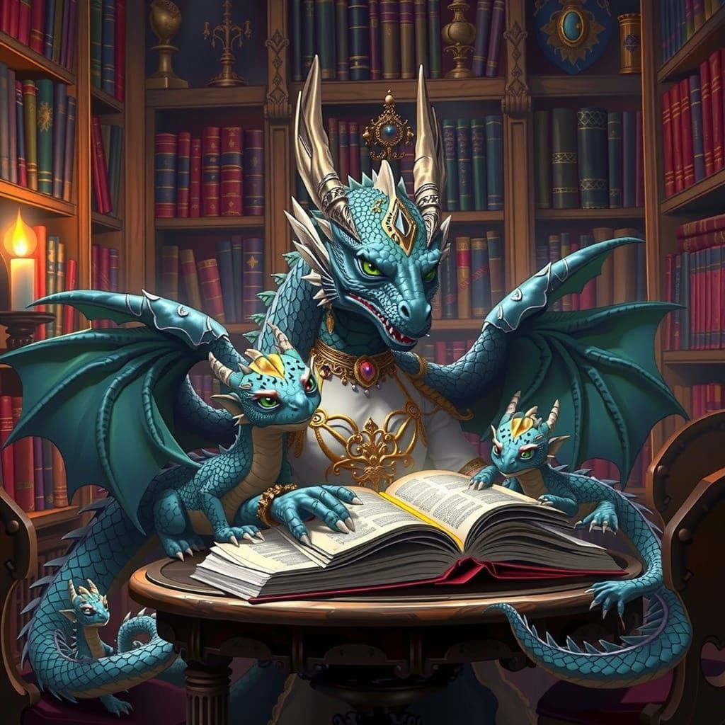 Dragon Princess Reads to Baby Dragons in Enchanted Library