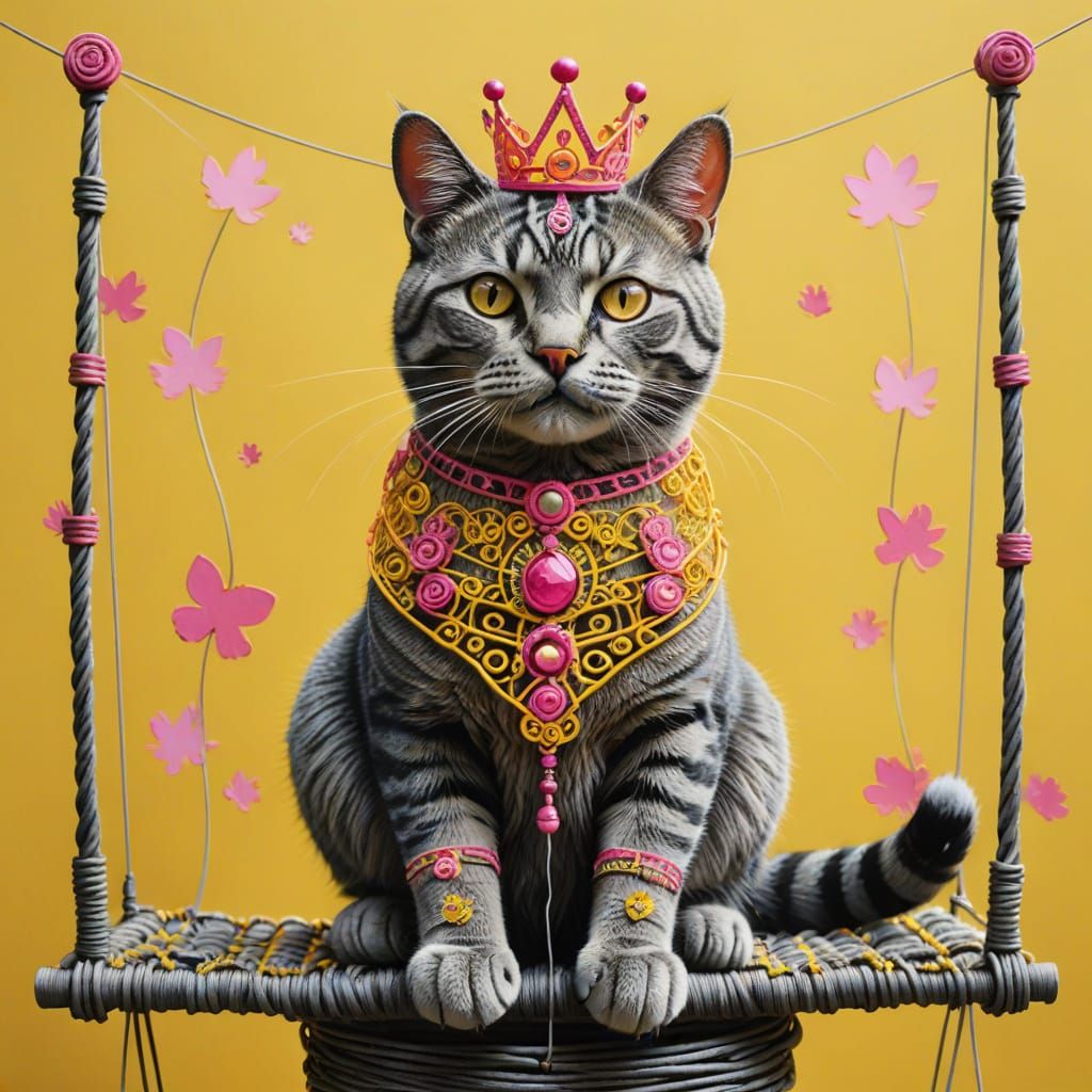 Proud Cat on a Wire Throne with Crown