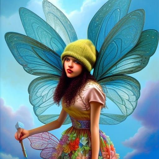 Hipster Fairy in City Life: Detailed Oil Painting